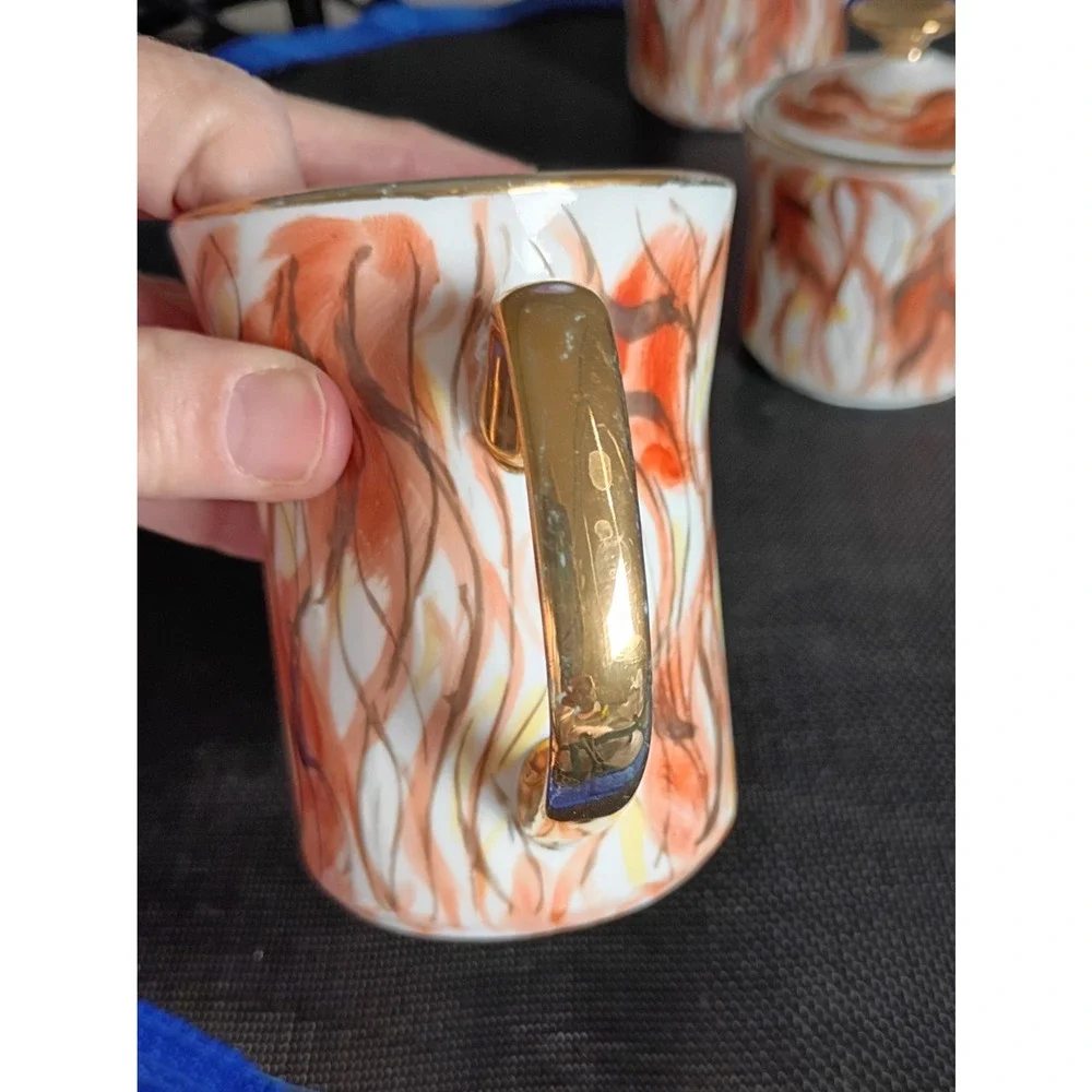 Vintage Włocławek Poland 17 Pc Porcelain Tea Coffee Set Abstract Flame Gold Trim